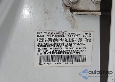 2010 Honda Pilot Ex-L из США, поврежденный, VIN 5FNYF4H66AB033234